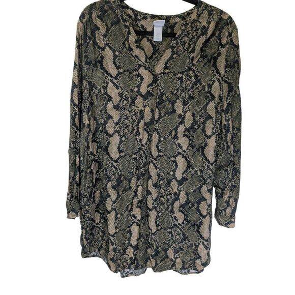 H&M Top Snake Print Green Sheer Ruffle Tie Neck Lightweight Long Sleeves Women's - Picture 1 of 5